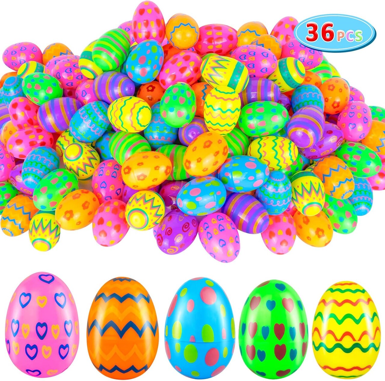 36PCS Plastic Easter Eggs Bulk, Fillable Painted Easter Egg Decoration, Easter Basket Stuffer for Easter Egg Hunt, Classroom Prize Supplies, Filling Treats and Party Favor
